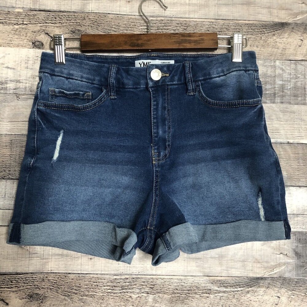 YMI Curvy Fit Ultra High Jean Shorts Size 7/28 Stretch Distressed Cuffed Blue